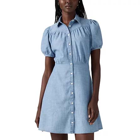 A woman is wearing a light blue, short-sleeved button-down dress with a fitted waist and puff shoulders.