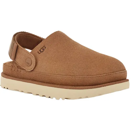 Tan UGG slip-on shoe with a slingback strap and a slightly raised beige sole.