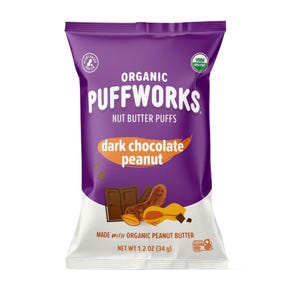 Organic Puffworks Nut Butter Puffs, dark chocolate peanut flavor, 1.2 oz (34 g), made with organic peanut butter, gluten-free.