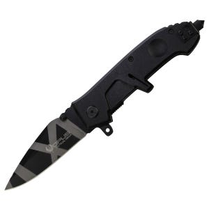 A folding tactical knife with a black handle and a blade featuring geometric patterns.