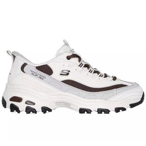 White sneaker with brown and gray accents, featuring slip-on design and rugged outsole.