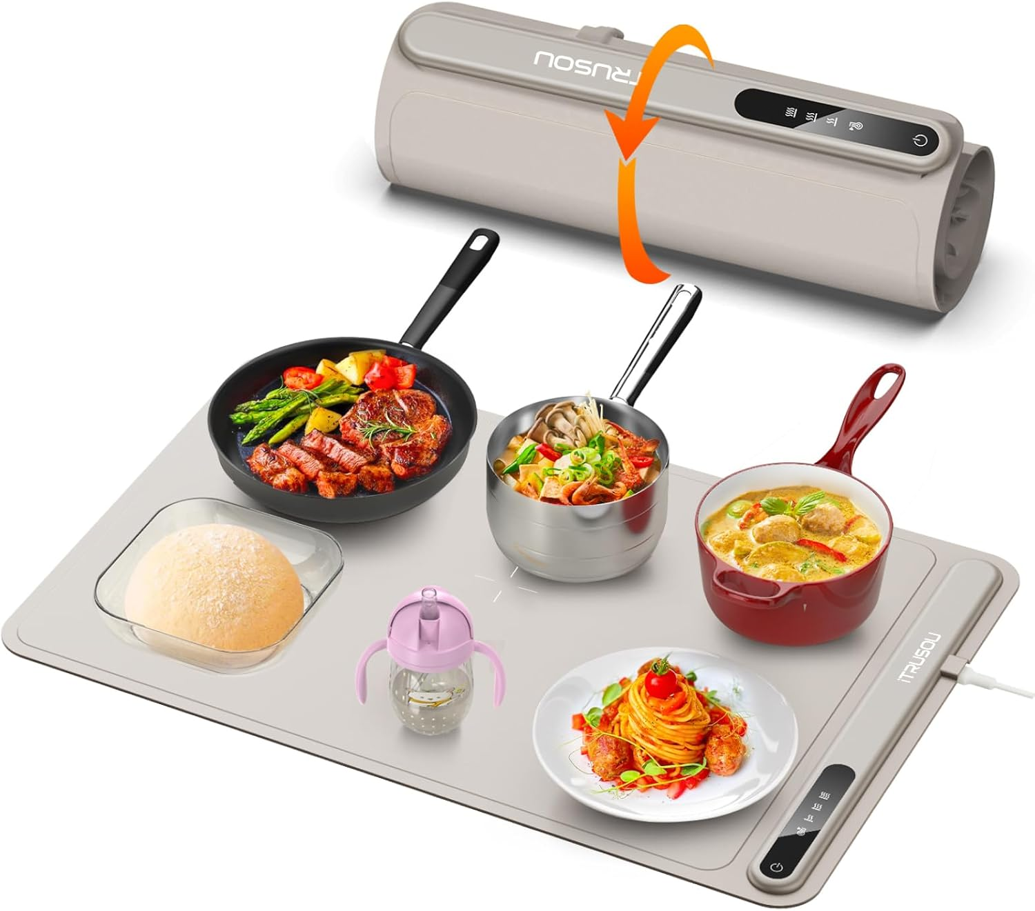 Electric heating pad for food warming, featuring a non-stick surface with touch controls. Suitable for various cookware and dishes, including pans and bowls, shown with a variety of foods.
