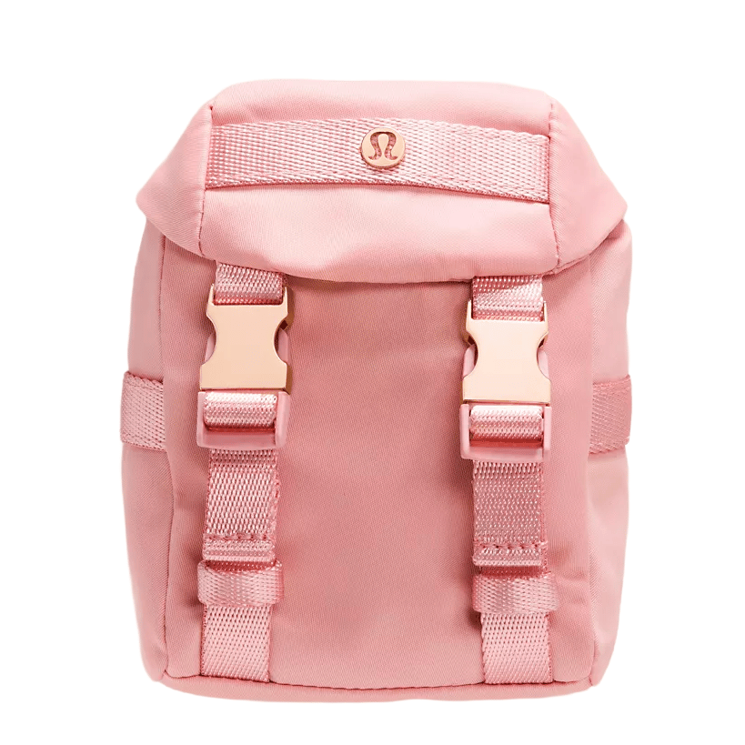 A small pink backpack with two front buckles, featuring a logo emblem on the flap, and adjustable straps, likely designed for casual use.