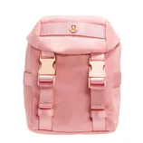 A small pink backpack with two front buckles, featuring a logo emblem on the flap, and adjustable straps, likely designed for casual use.