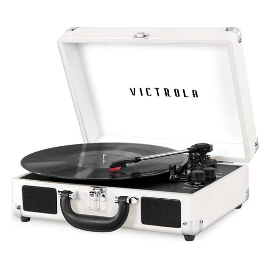 Portable Victrola suitcase record player in white, featuring built-in speakers and a classic vinyl turntable design.