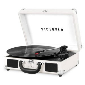 Portable Victrola suitcase record player in white, featuring built-in speakers and a classic vinyl turntable design.