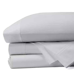 Fieldcrest Cotton Queen Sheet Set features a neatly folded set of light gray sheets, including a fitted sheet, flat sheet, and pillowcases. The fabric appears smooth and finely stitched.
