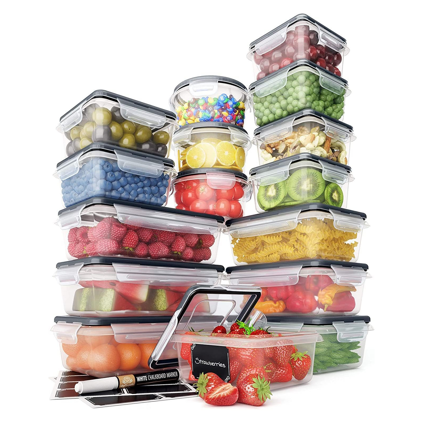 A 16-piece airtight food storage set featuring transparent containers with black lids, suitable for preserving fruits, vegetables, pasta, and snacks. Includes a whiteboard marker and labels for easy identification.