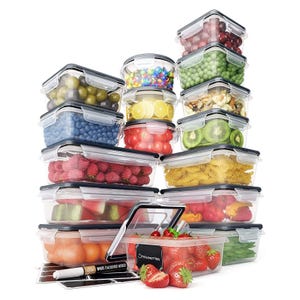 A 16-piece airtight food storage set featuring transparent containers with black lids, suitable for preserving fruits, vegetables, pasta, and snacks. Includes a whiteboard marker and labels for easy identification.