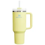 A yellow Stanley travel mug with a handle, featuring a straw and lid.