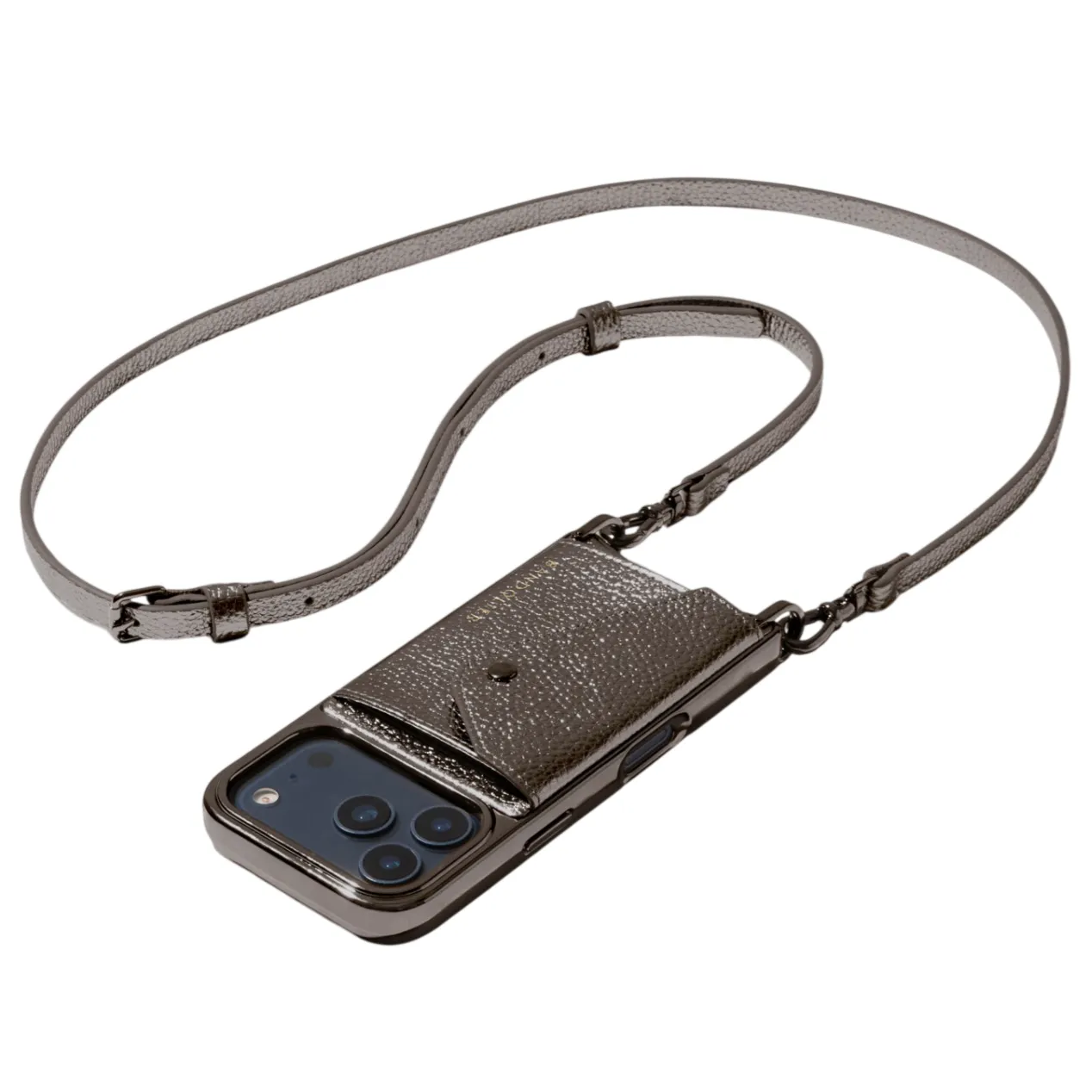 A sleek phone case with a detachable strap and a small cardholder attachment, designed for easy carrying and accessibility.