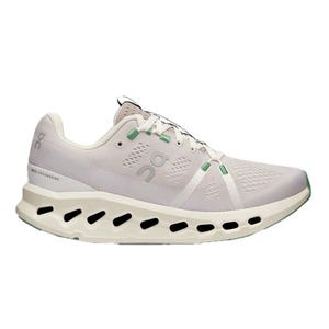 On Cloudsurfer Running Shoes are white with light green accents and feature a sleek design with a breathable mesh upper and cushioned sole for enhanced comfort and support.
