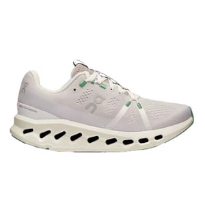 On Cloudsurfer Running Shoes are white with light green accents and feature a sleek design with a breathable mesh upper and cushioned sole for enhanced comfort and support.