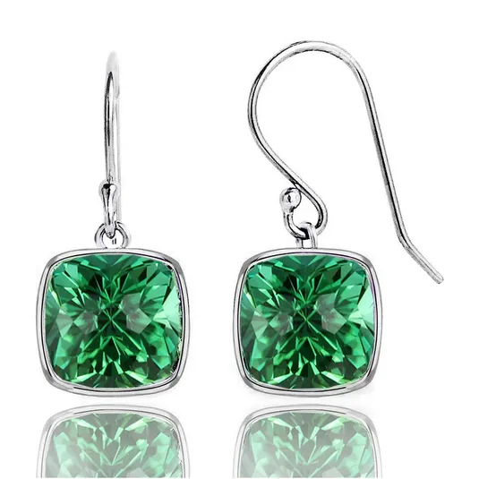 Pair of silver hook earrings with square-shaped, faceted green gemstones set in a simple bezel.