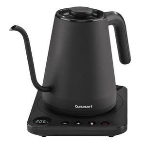 Cuisinart Digital Gooseneck Kettle features a sleek black design with a precision spout, digital temperature display, and touch controls on the base for easy temperature adjustments.