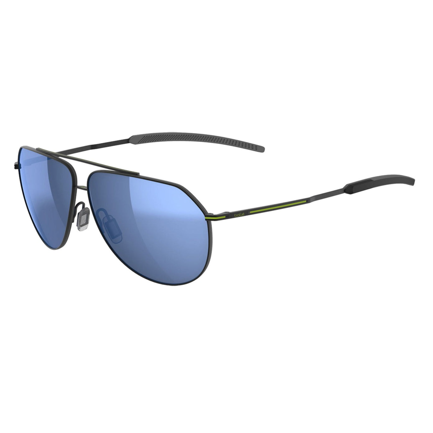 A pair of blue-lensed aviator sunglasses with thin black frames and green accents on the arms.
