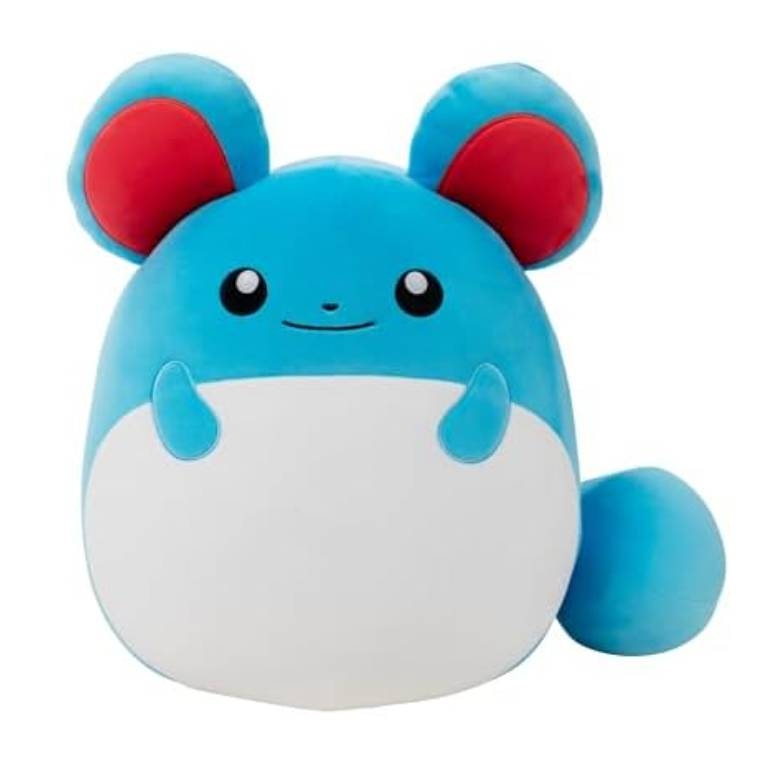 A round, blue and white plush Squishmallow of a Pokémon with large red ears and a small tail, measuring 14 inches.