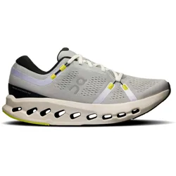 Running shoe with a gray and black design, featuring yellow accents, white laces, and a distinctive sole with visible cutouts, marked with \“CloudTec\“ and \“Swiss Engineering.\“