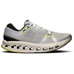 Running shoe with a gray and black design, featuring yellow accents, white laces, and a distinctive sole with visible cutouts, marked with \“CloudTec\“ and \“Swiss Engineering.\“