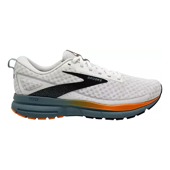 White Brooks Men's Trace 3 running shoes with a gray mesh upper, black logo detail, and an orange-to-teal gradient on the sole.