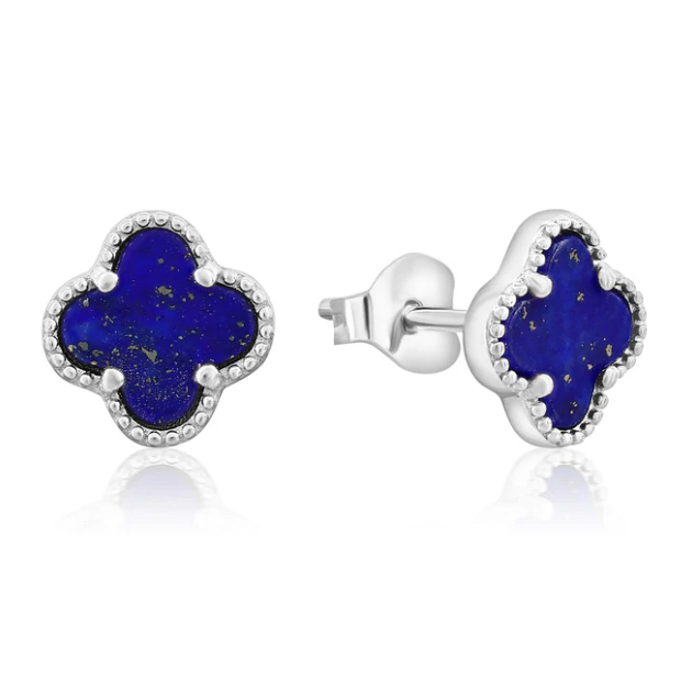 Silver blue lapis clover earrings feature dark blue, clover-shaped lapis stones surrounded by a beaded silver border, set in a stud design with butterfly clasps.