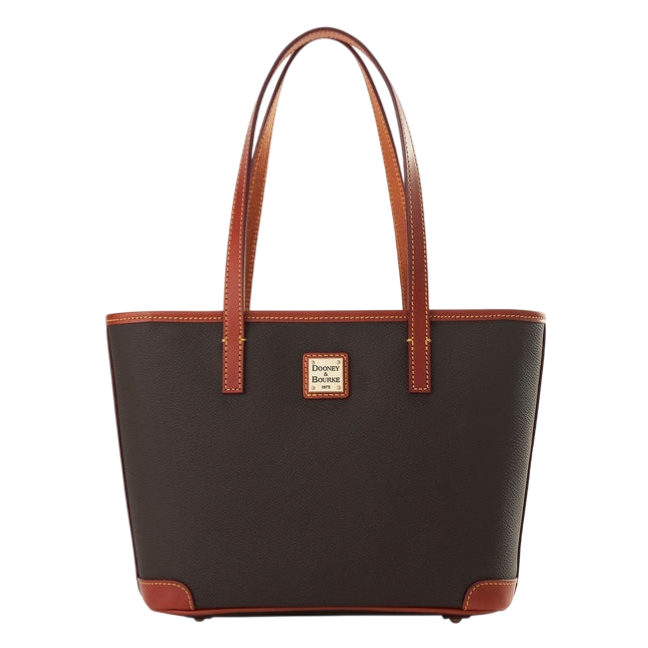Dark brown leather tote bag with tan handles, featuring a rectangular logo label on the front.
