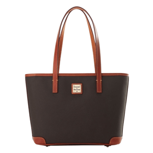 Dark brown leather tote bag with tan handles, featuring a rectangular logo label on the front.