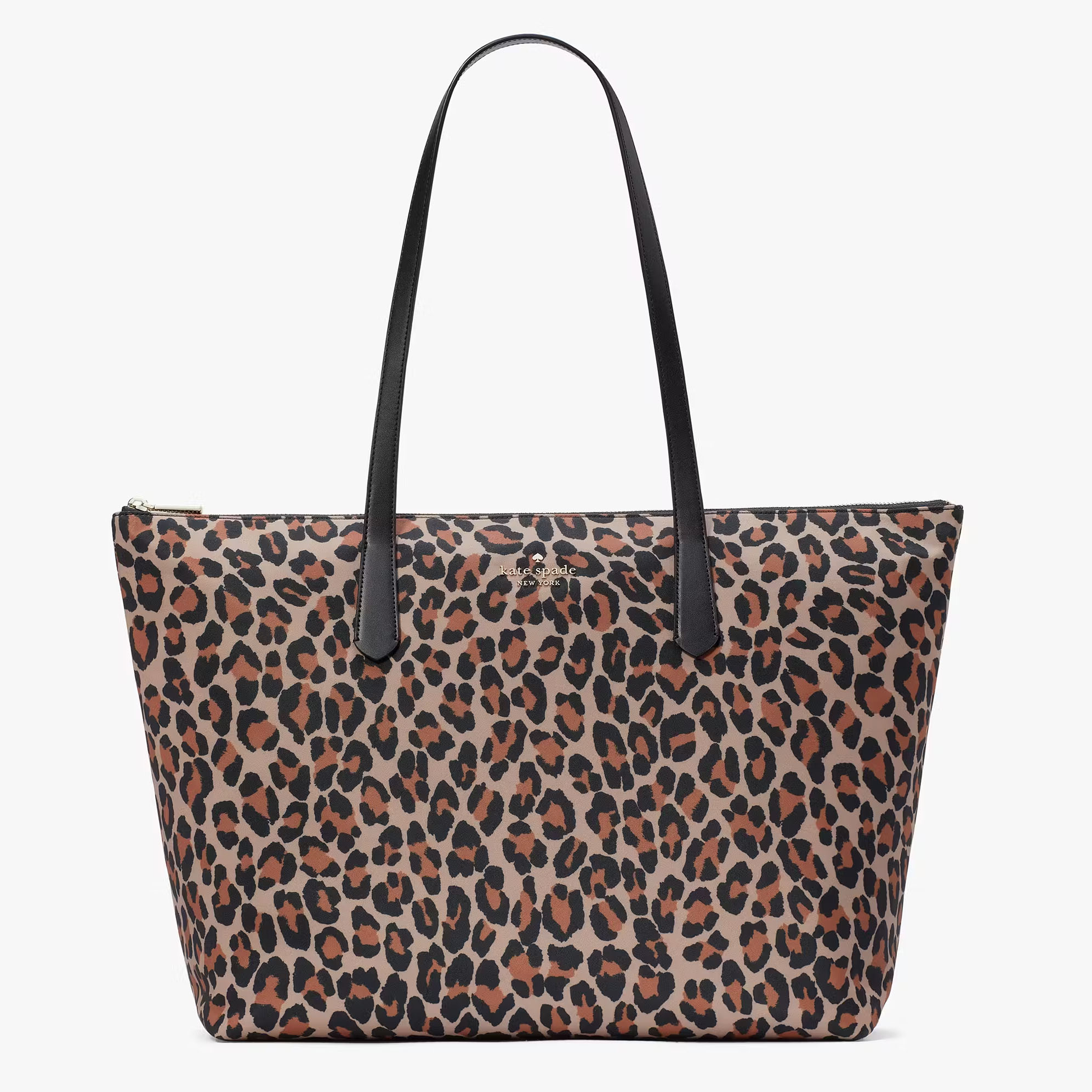 A leopard print tote bag with black shoulder straps and a wide, rectangular shape.