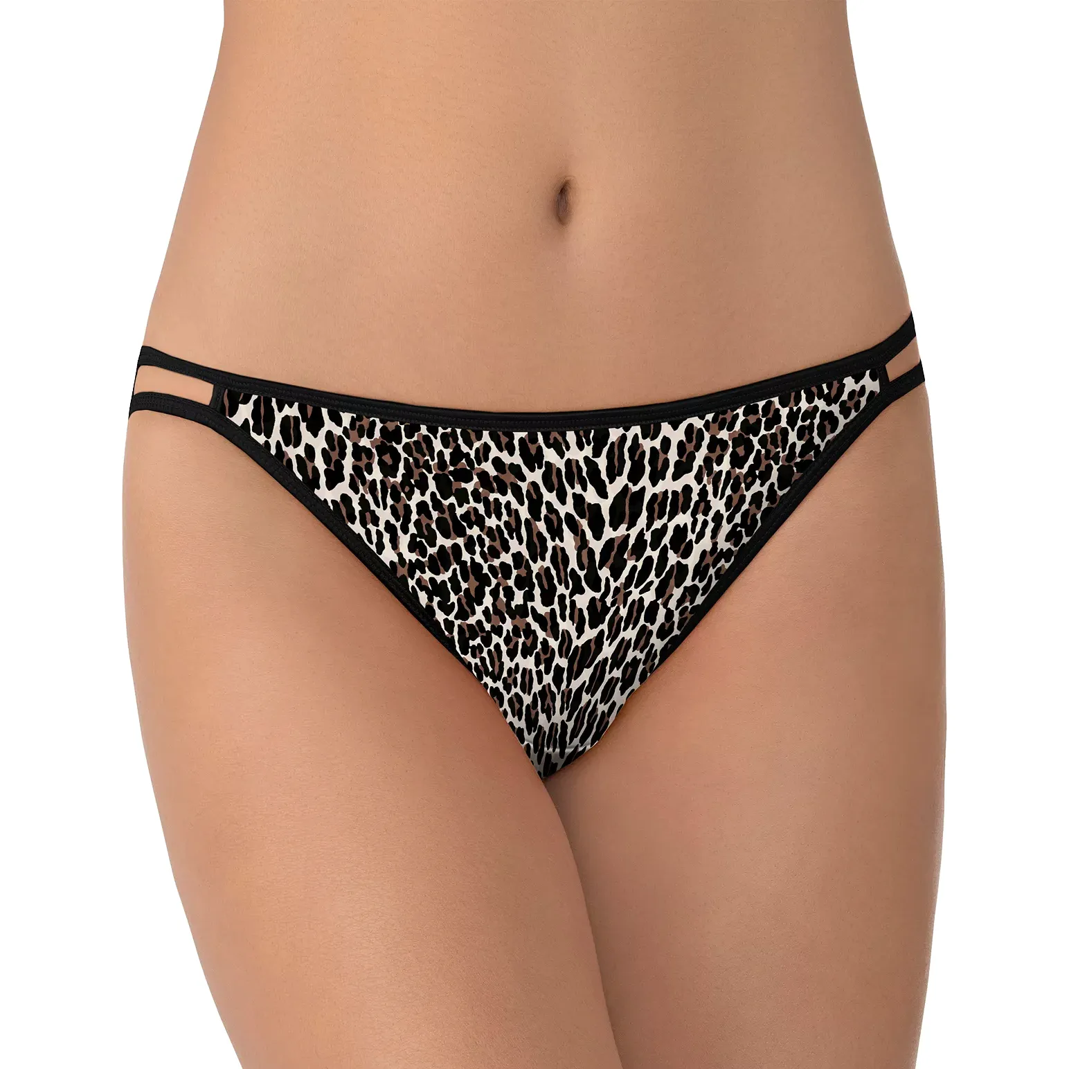A pair of women's bikini underwear in a leopard print design with black trim and double side straps.