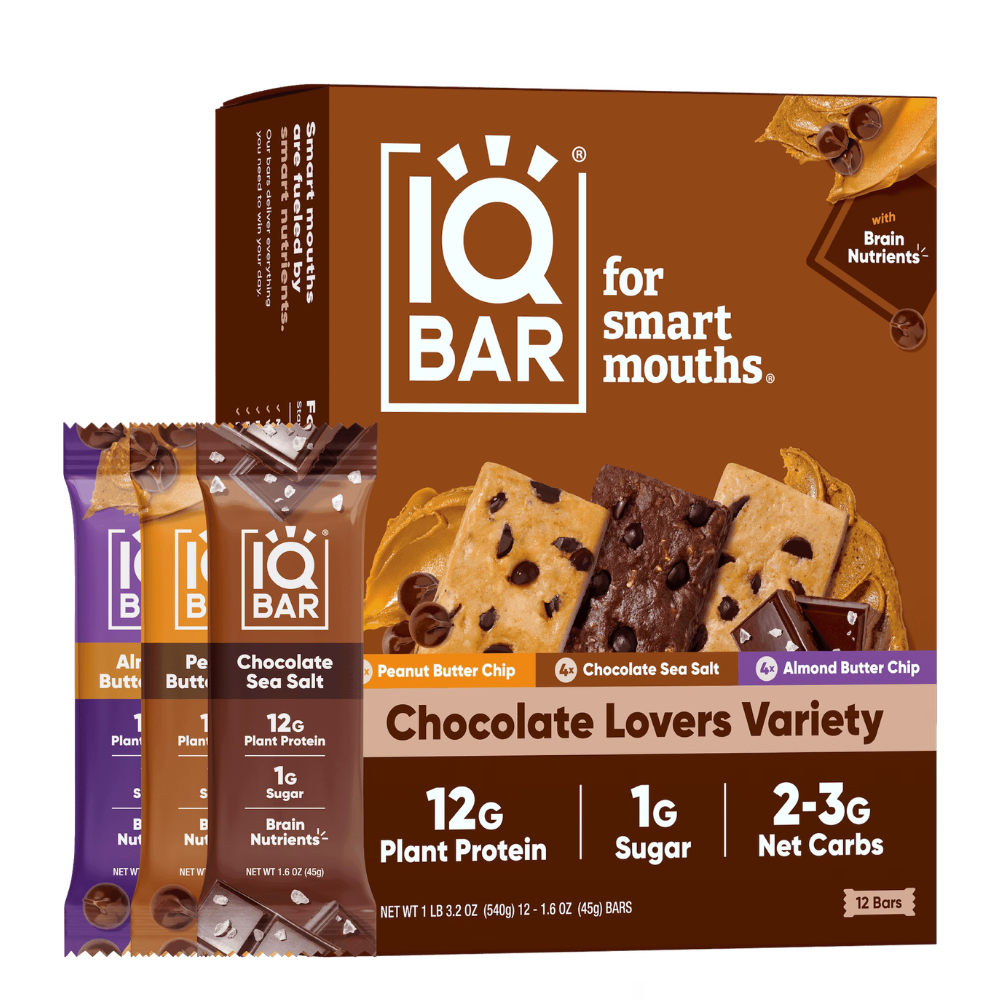 IQ BAR Chocolate Lovers Variety with Brain Nutrients includes 12 bars: Almond Butter Chip, Peanut Butter Chip, and Chocolate Sea Salt. Each bar contains 12g plant protein, 1g sugar, and 2-3g net carbs.