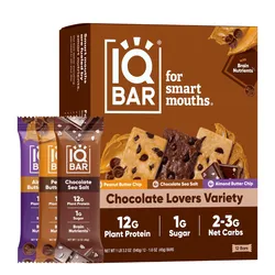 IQ BAR Chocolate Lovers Variety with Brain Nutrients includes 12 bars: Almond Butter Chip, Peanut Butter Chip, and Chocolate Sea Salt. Each bar contains 12g plant protein, 1g sugar, and 2-3g net carbs.