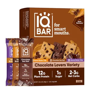 IQ BAR Chocolate Lovers Variety with Brain Nutrients includes 12 bars: Almond Butter Chip, Peanut Butter Chip, and Chocolate Sea Salt. Each bar contains 12g plant protein, 1g sugar, and 2-3g net carbs.