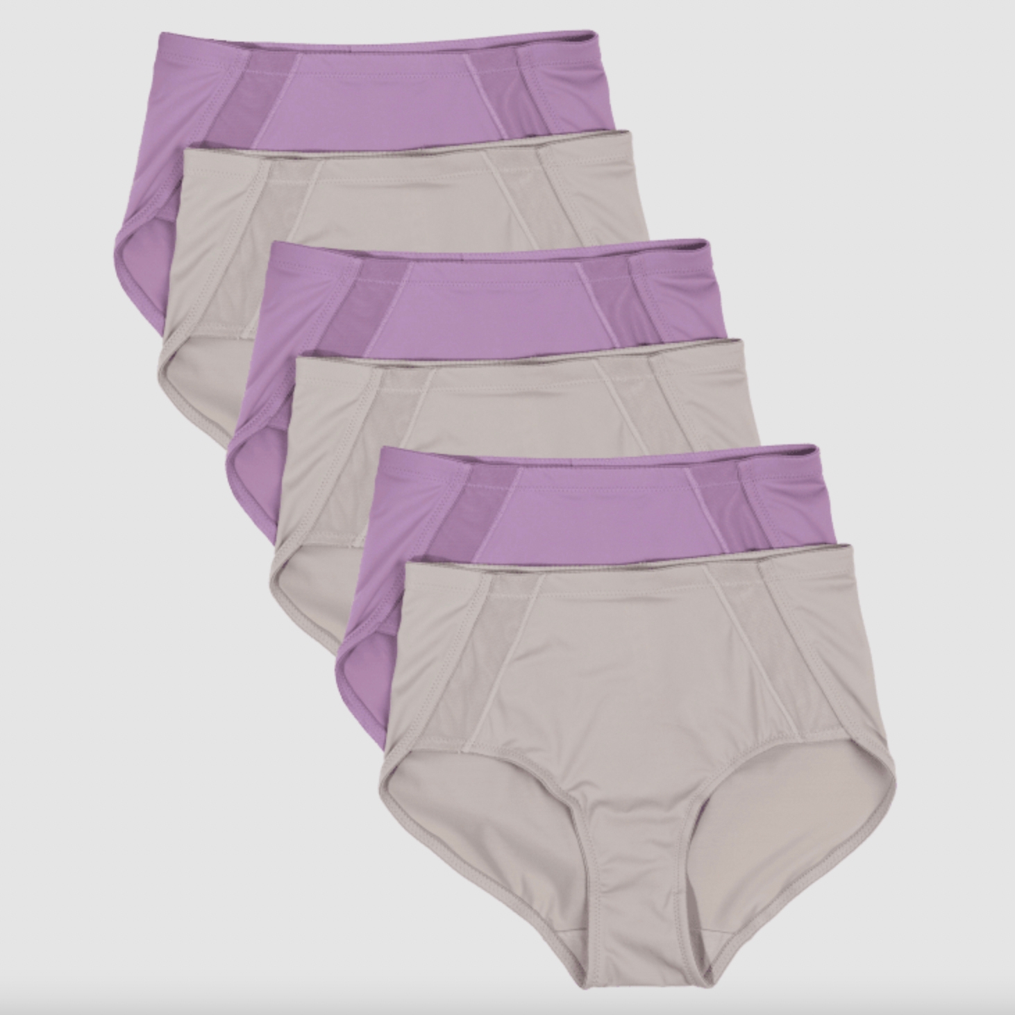 Five pairs of women's high-waisted underwear in shades of purple and beige.