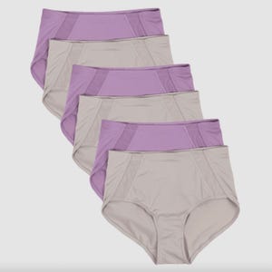 Five pairs of women's high-waisted underwear in shades of purple and beige.