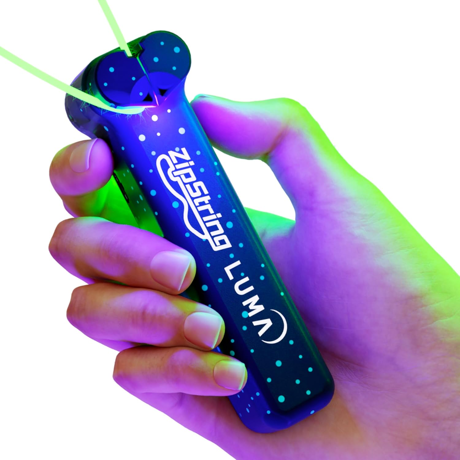 A handheld ZipString Luma device is shown, designed to manipulate illuminated strings in a visually dynamic way, with its handle glowing under purple and green lighting effects.