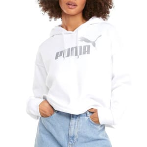 White Puma cropped hoodie with a drawstring hood, featuring the Puma logo in metallic silver across the chest. Paired with light blue jeans.