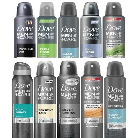 A selection of Dove Men+Care deodorant sprays, featuring varieties like Invisible Dry, Extra Fresh, Clean Comfort, Cool Fresh, Minerals+Sage, Aqua Impact, Sensitive Care, Silver Control, Talc Mineral+Sandalwood, and Dry Spray.