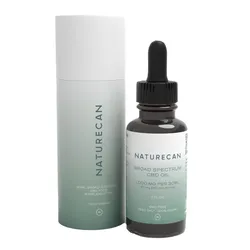 Two bottles of Naturecan Broad Spectrum CBD Oil, with 1000 mg per 30ml and labeled as 100% vegan.