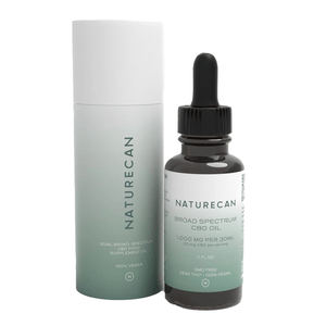 Two bottles of Naturecan Broad Spectrum CBD Oil, with 1000 mg per 30ml and labeled as 100% vegan.