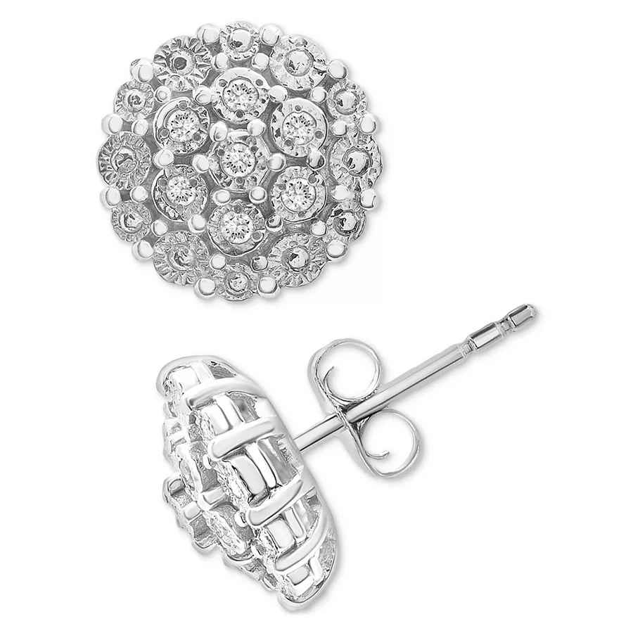 Diamond Cluster Button Stud Earrings feature a round disc design with multiple small, sparkling diamonds set in a cluster pattern. The earrings have a classic stud backing in a bright, shiny metal.