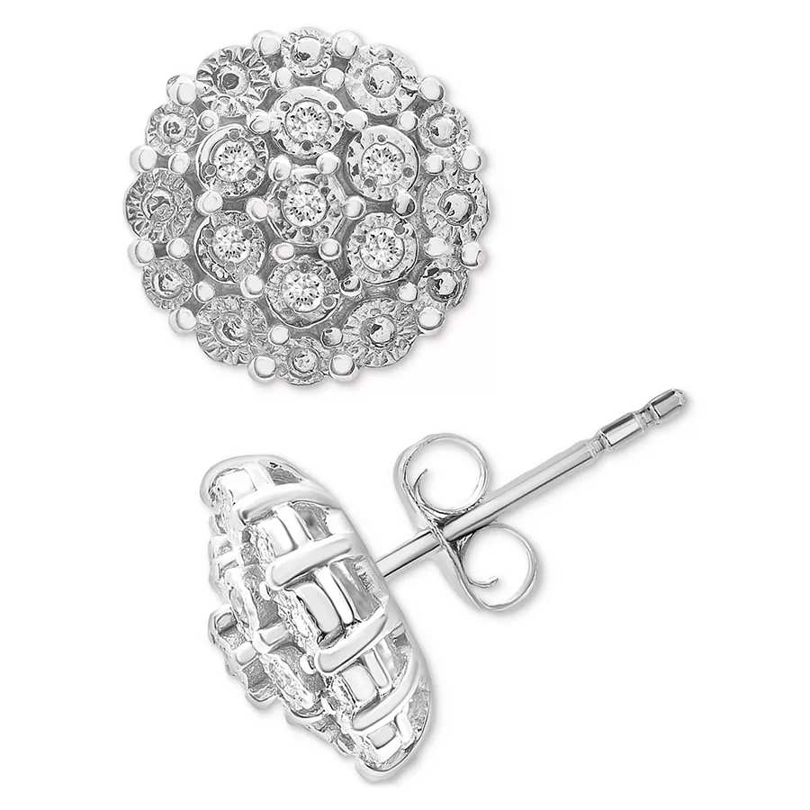 Diamond Cluster Button Stud Earrings feature a round disc design with multiple small, sparkling diamonds set in a cluster pattern. The earrings have a classic stud backing in a bright, shiny metal.
