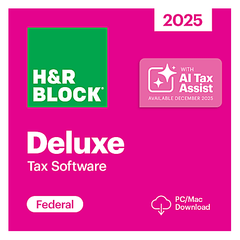 H&R Block Deluxe 2025 Tax Software for federal taxes, compatible with PC/Mac download. Includes AI Tax Assist available December 2025.