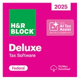 H&R Block Deluxe 2025 Tax Software for federal taxes, compatible with PC/Mac download. Includes AI Tax Assist available December 2025.