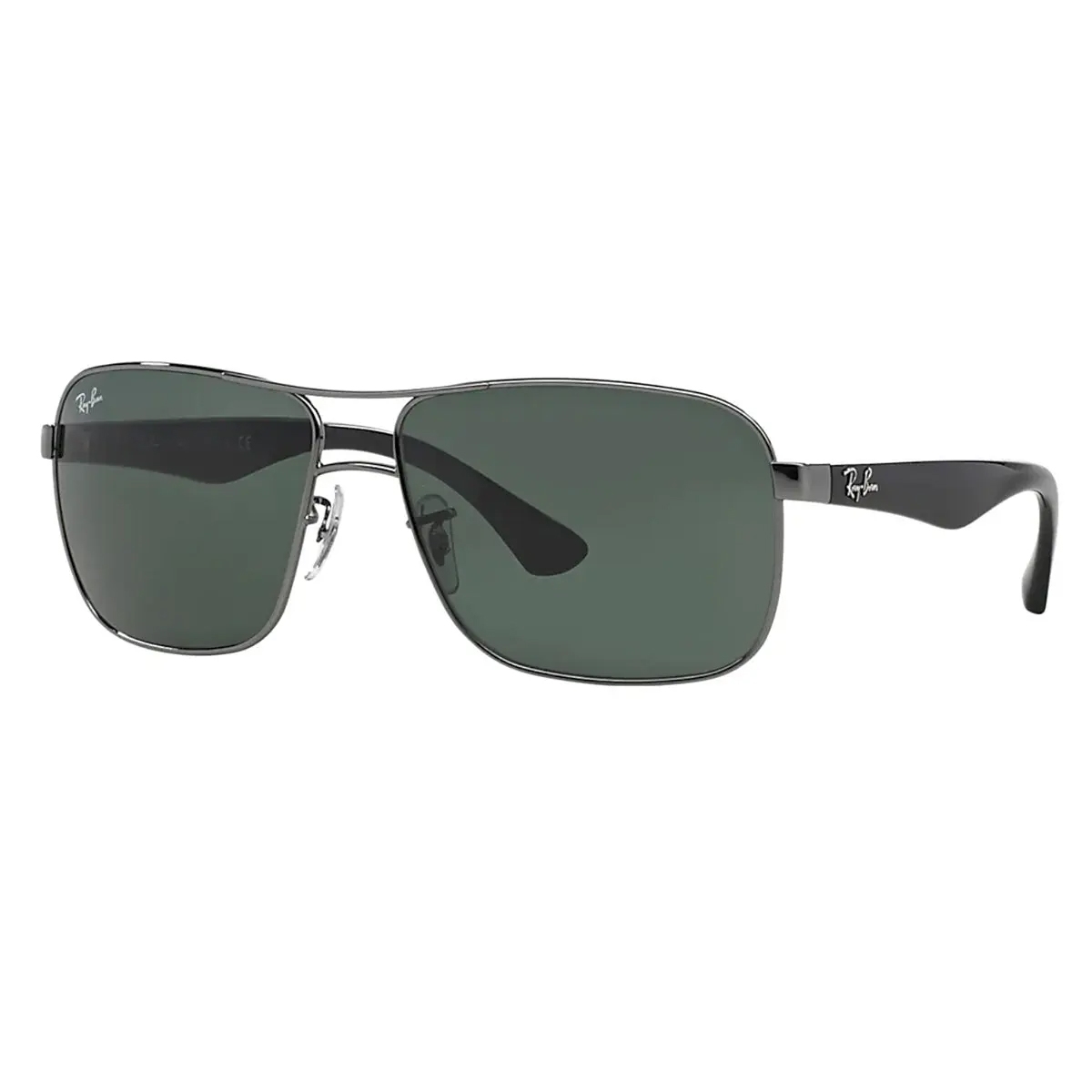 Sleek square sunglasses with a metal frame and dark green lenses, featuring the signature Ray-Ban logo on the right lens and temples.