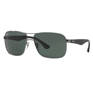 Sleek square sunglasses with a metal frame and dark green lenses, featuring the signature Ray-Ban logo on the right lens and temples.