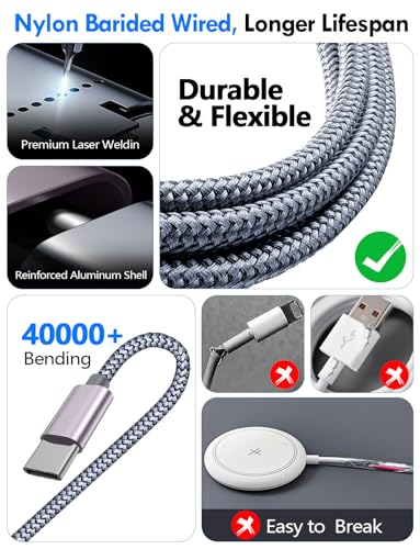 Durable and flexible nylon braided charging cable with reinforced aluminum shell, designed for longevity, resisting over 40,000 bends, and preventing common breakage near connectors as seen in other designs.