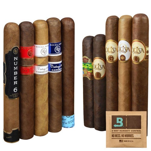 A variety of cigars from brands like Rocky Patel and Oliva are displayed alongside a Boveda 2-way humidity control packet.