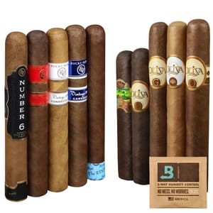 A variety of cigars from brands like Rocky Patel and Oliva are displayed alongside a Boveda 2-way humidity control packet.