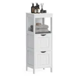 White bathroom storage unit with two drawers and an open shelf, holding folded towels and various toiletries like bottles and a diffuser on top.