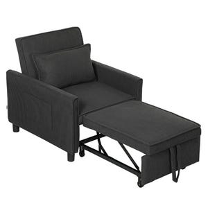 A dark gray, 3-in-1 convertible chair bed featuring a fold-out design with a footrest extension and an included cushion, suitable for sitting, lounging, or sleeping.